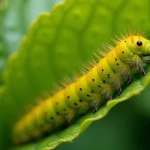 Chenille jaune et verte sur le dessous d'une feuille de jardin, vue macro avec détails des segments et pattes