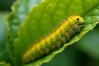 Chenille jaune et verte sur le dessous d'une feuille de jardin, vue macro avec détails des segments et pattes