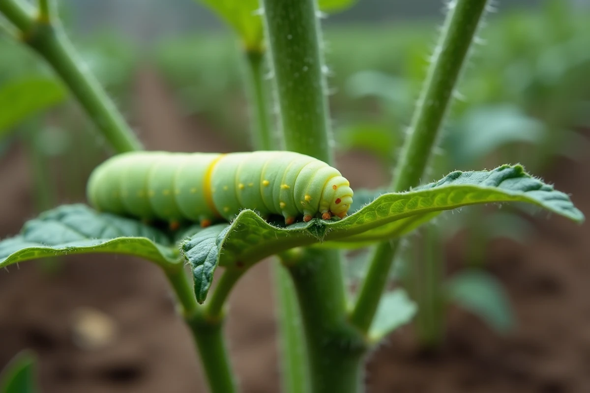 Chenille verte sur une feuille de plant de tomate endommagée dans un potager, identification des dégâts sur les cultures