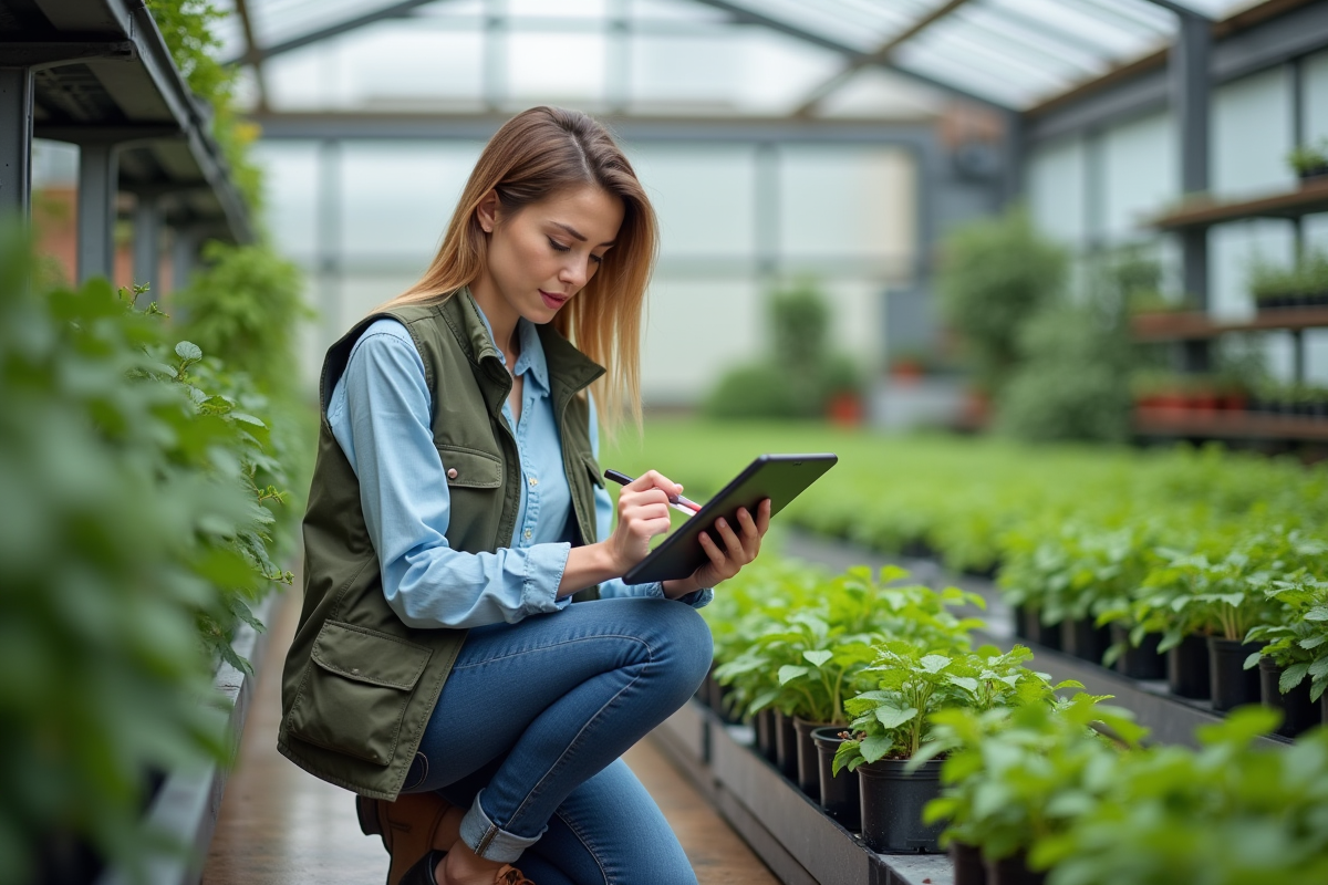 Chercheuse agricole prenant notes dans une serre moderne