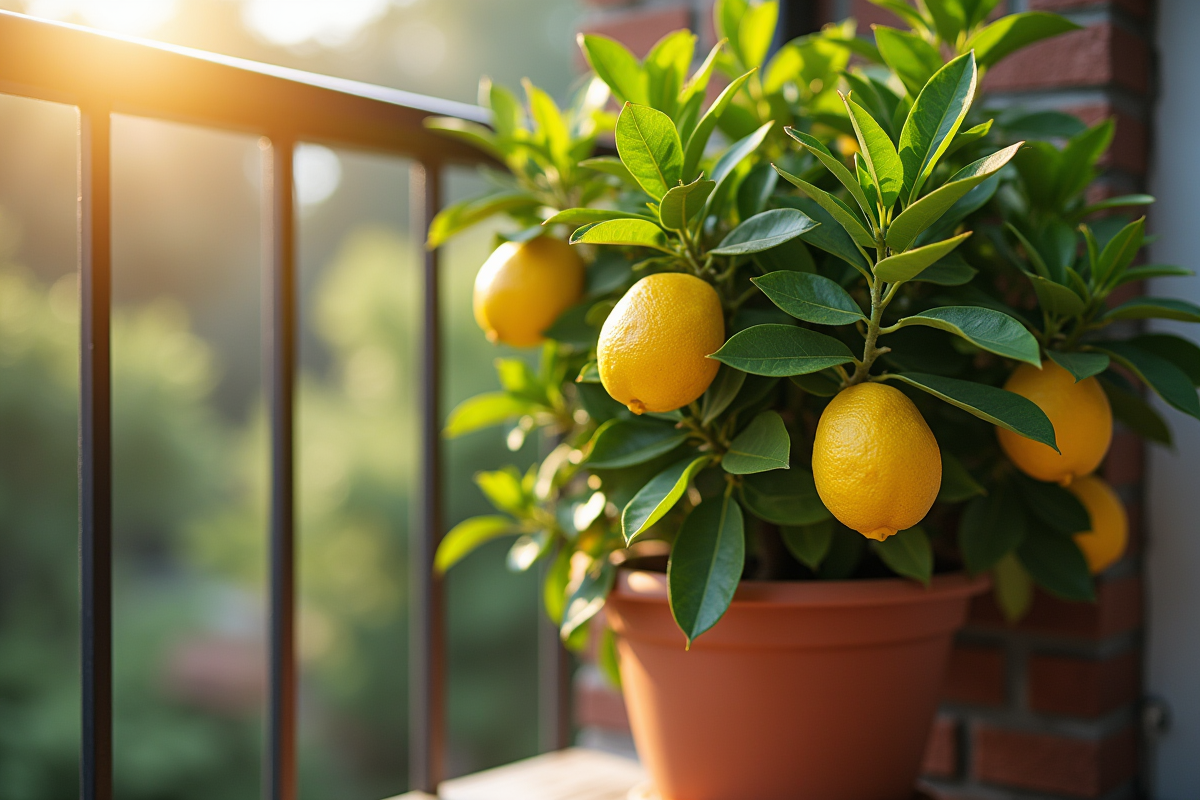 Citronnier en pot sur un balcon au matin avec fruits mûrs
