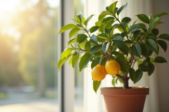 Citronnier en pot dans un salon lumineux avec lumière naturelle