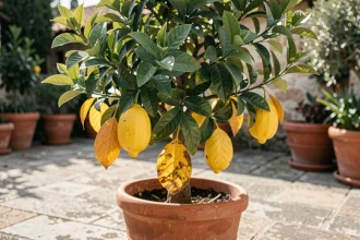 Citronnier en pot avec feuilles jaunes et vertes révélant un stress racinaire sur une terrasse en pierre méditerranéenne