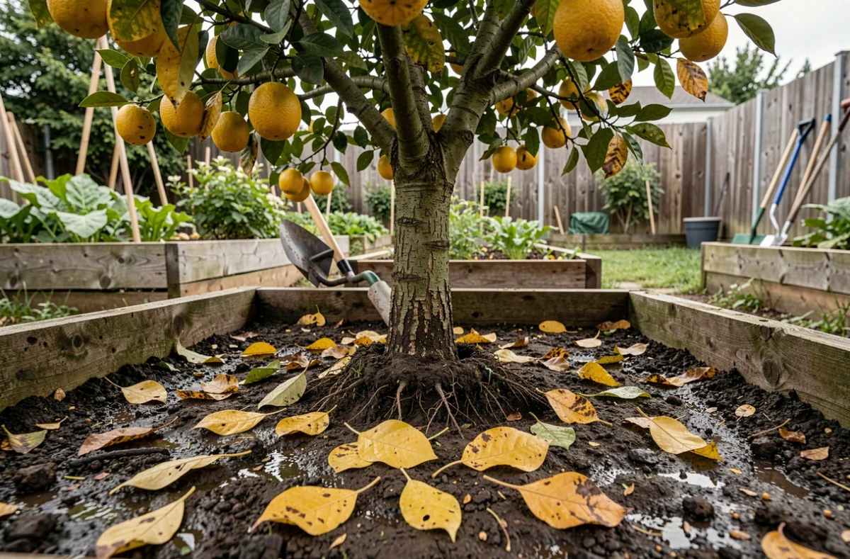Citronnier en jardinière surélevée avec feuilles jaunes tombées sur le sol révélant un problème de stress racinaire
