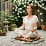 Femme en méditation assise sur un coussin en rotin dans un coin zen extérieur entouré de bambous, pierres et lanternes en pierre