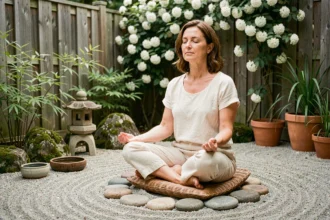 Femme en méditation assise sur un coussin en rotin dans un coin zen extérieur entouré de bambous, pierres et lanternes en pierre