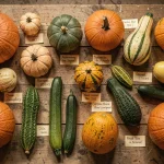 Collection de cucurbitacées variées arrangées en flat lay sur une table en bois avec des fiches botaniques manuscrites
