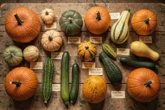 Collection de cucurbitacées variées arrangées en flat lay sur une table en bois avec des fiches botaniques manuscrites