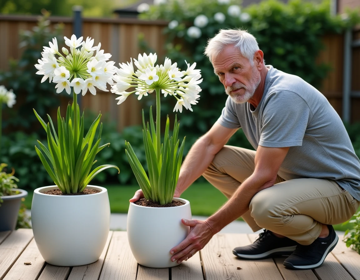 Comparaison entre agapanthes cultivées en pot et en pleine terre dans un jardin