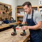 Employé comparant deux perceuses sans fil Parkside et Parkside Performance sur un établi en bois dans un atelier professionnel