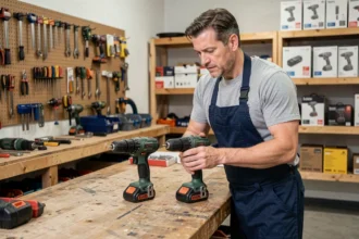 Employé comparant deux perceuses sans fil Parkside et Parkside Performance sur un établi en bois dans un atelier professionnel