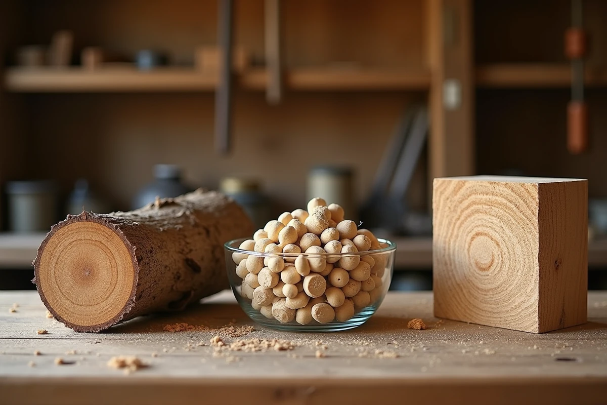 Comparatif bûches de hêtre, granulés de bois et bois compressé posés sur un établi, différence de poids par stère