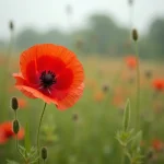 Coquelicot rouge en gros plan dans une prairie sauvage, symbole de vie et de souvenir