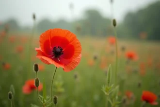 Coquelicot rouge en gros plan dans une prairie sauvage, symbole de vie et de souvenir