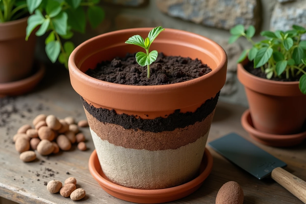 Vue en coupe d'un pot en terre cuite montrant les couches de billes d'argile, de géotextile et de terreau avec un plant de jeune herbe