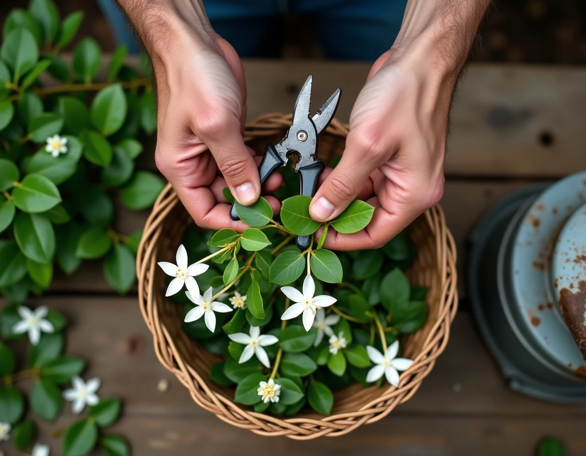 Gros plan de mains tenant des tiges de jasmin étoilé taillées avec un sécateur et un panier de jardin