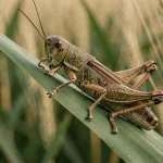 Criquet adulte en train de manger une feuille de blé dans un champ de céréales, vue macro détaillée