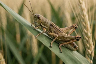 Criquet adulte en train de manger une feuille de blé dans un champ de céréales, vue macro détaillée