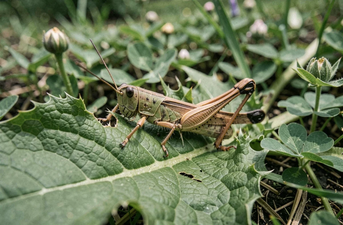 Criquet en profil sur une feuille de pissenlit dans un jardin, montrant ses plantes hôtes préférées