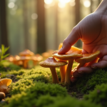Main cueillant des chanterelles dans la forêt au matin