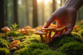 Main cueillant des chanterelles dans la forêt au matin