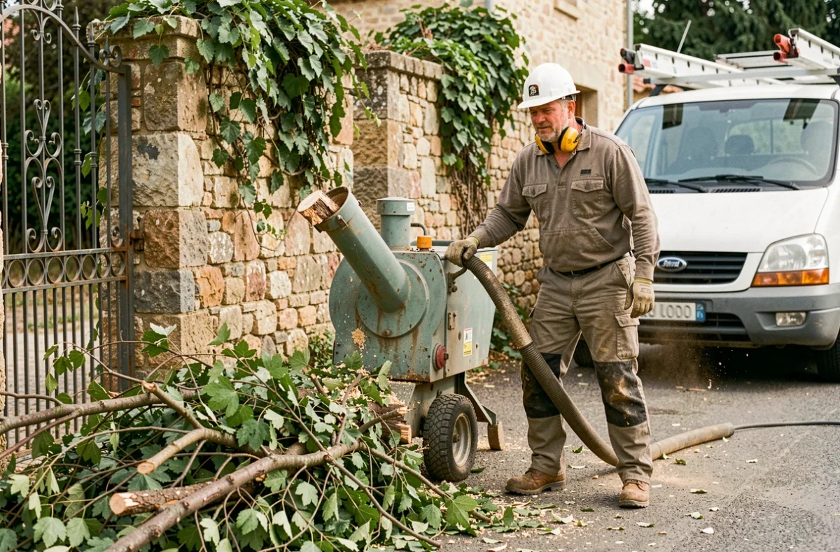 Élagueur utilisant un broyeur de branches devant une propriété provençale dans le Var