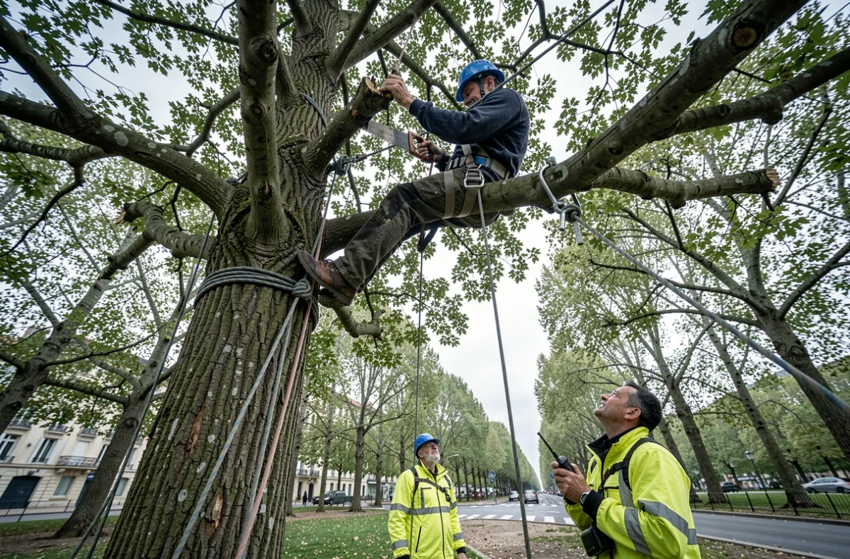Élagueur en hauteur suspendu dans un tilleul urbain avec harnais de sécurité, assisté par un équipier au sol dans un parc de Reims