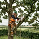 Élagueur professionnel en tenue de sécurité taillant un grand chêne dans le Morbihan