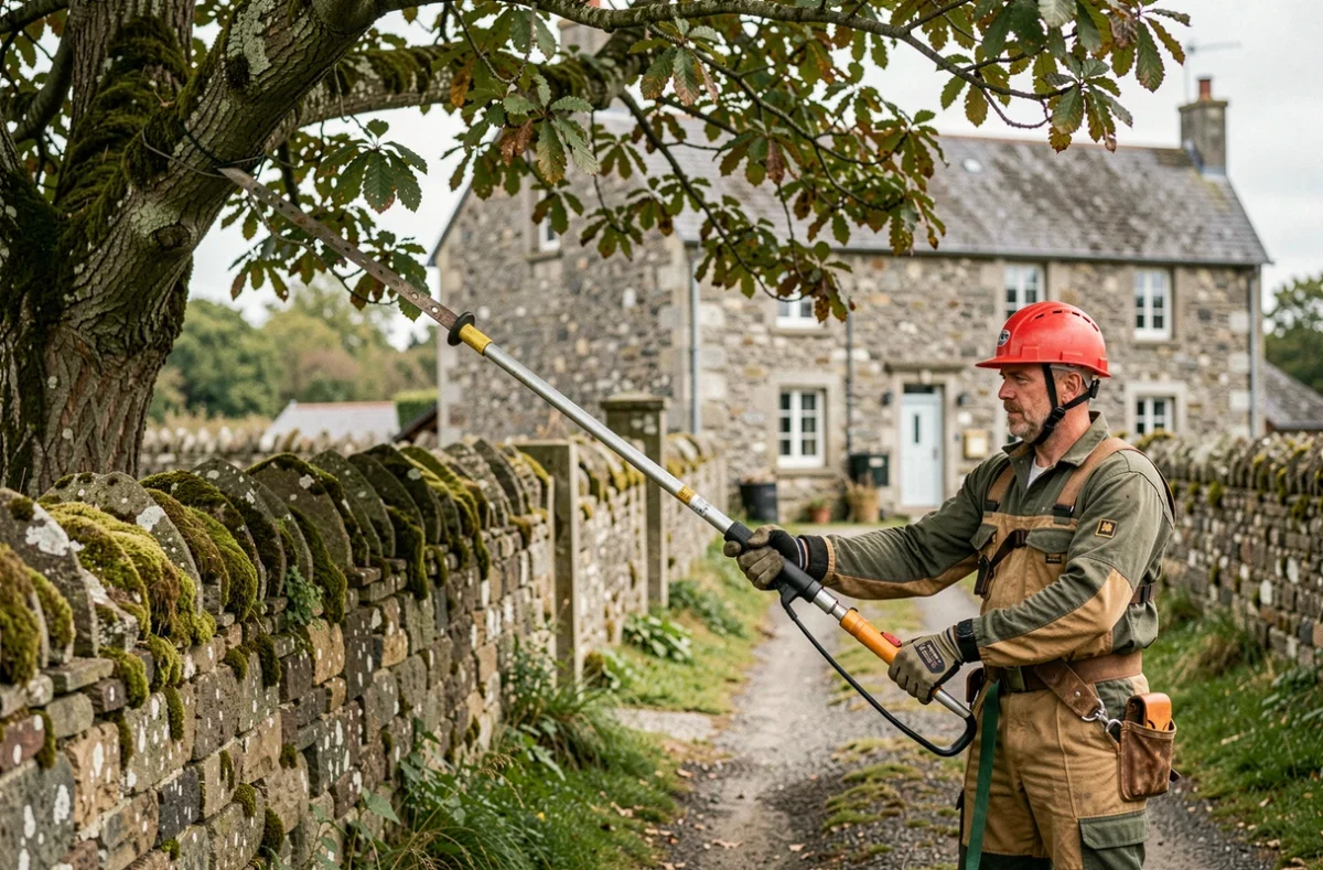 Élagueur utilisant une perche élagueuse sur un chemin rural typique du Morbihan