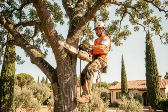 Élagueur professionnel sécurisé dans un chêne avec harnais et tronçonneuse dans un jardin provençal du Var