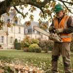 Élagueur professionnel en tenue de sécurité taillant un grand chêne dans un jardin résidentiel à Reims avec des maisons en pierre en arrière-plan