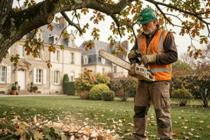 Élagueur professionnel en tenue de sécurité taillant un grand chêne dans un jardin résidentiel à Reims avec des maisons en pierre en arrière-plan