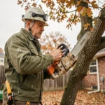 Élagueur professionnel en train d'élaguer un grand chêne dans un jardin résidentiel en automne