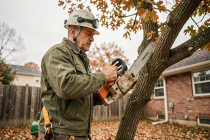 Élagueur professionnel en train d'élaguer un grand chêne dans un jardin résidentiel en automne