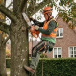 Élagueur professionnel en train d'élaguer un grand chêne dans un jardin résidentiel du Nord de la France