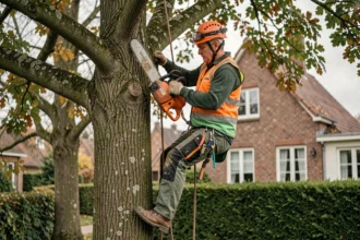 Élagueur professionnel en train d'élaguer un grand chêne dans un jardin résidentiel du Nord de la France