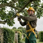 Élagueur professionnel équipé d'un harnais de sécurité taillant un grand chêne dans un jardin résidentiel de Quimper