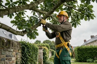 Élagueur professionnel équipé d'un harnais de sécurité taillant un grand chêne dans un jardin résidentiel de Quimper