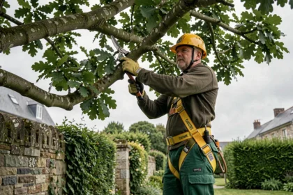 Élagueur professionnel équipé d'un harnais de sécurité taillant un grand chêne dans un jardin résidentiel de Quimper