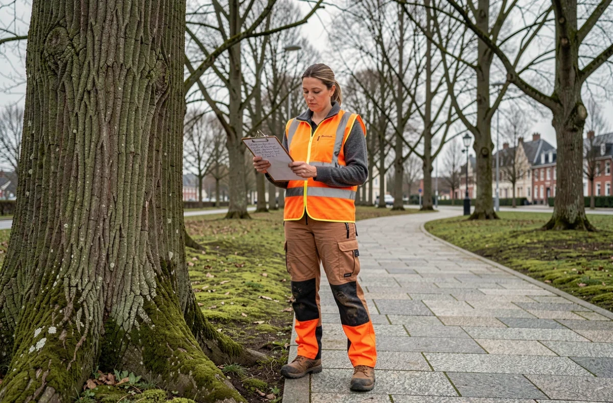 Élagueuse professionnelle évaluant un arbre dans un parc urbain de Quimper avec un formulaire d'inspection