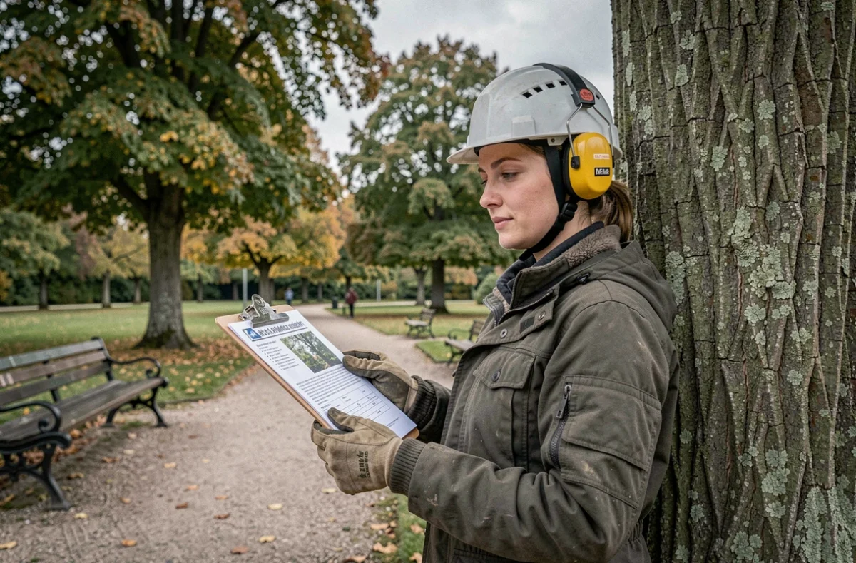Élagueuse professionnelle évaluant un arbre dans un parc du Nord de la France avec un rapport d'expertise