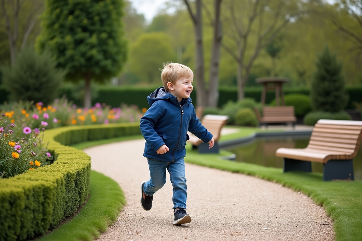 Jeune garçon courant dans un parc paysager moderne