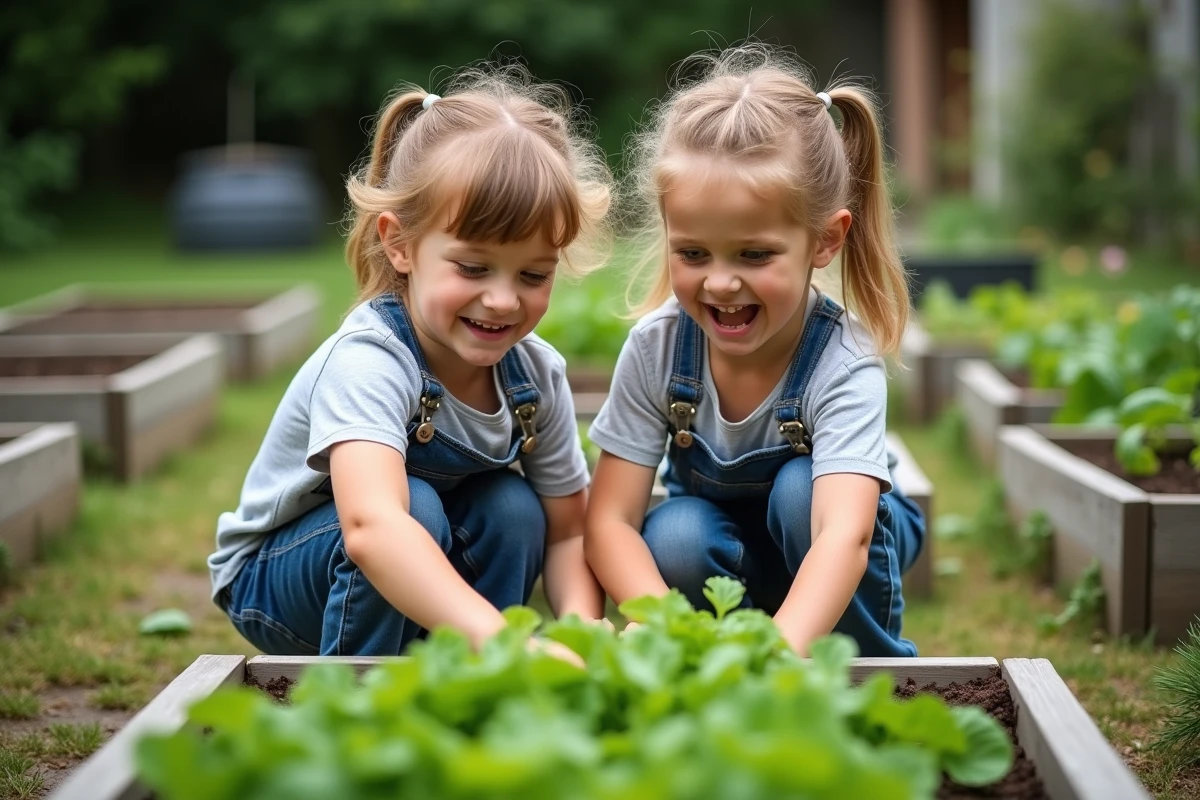 Deux enfants récoltant des légumes dans un jardin spacieux