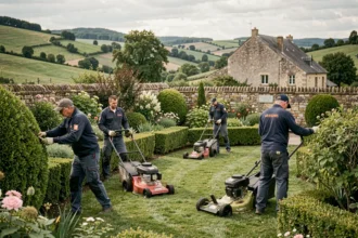 Équipe de jardiniers professionnels entretenant un grand jardin paysager en Auvergne-Rhône-Alpes
