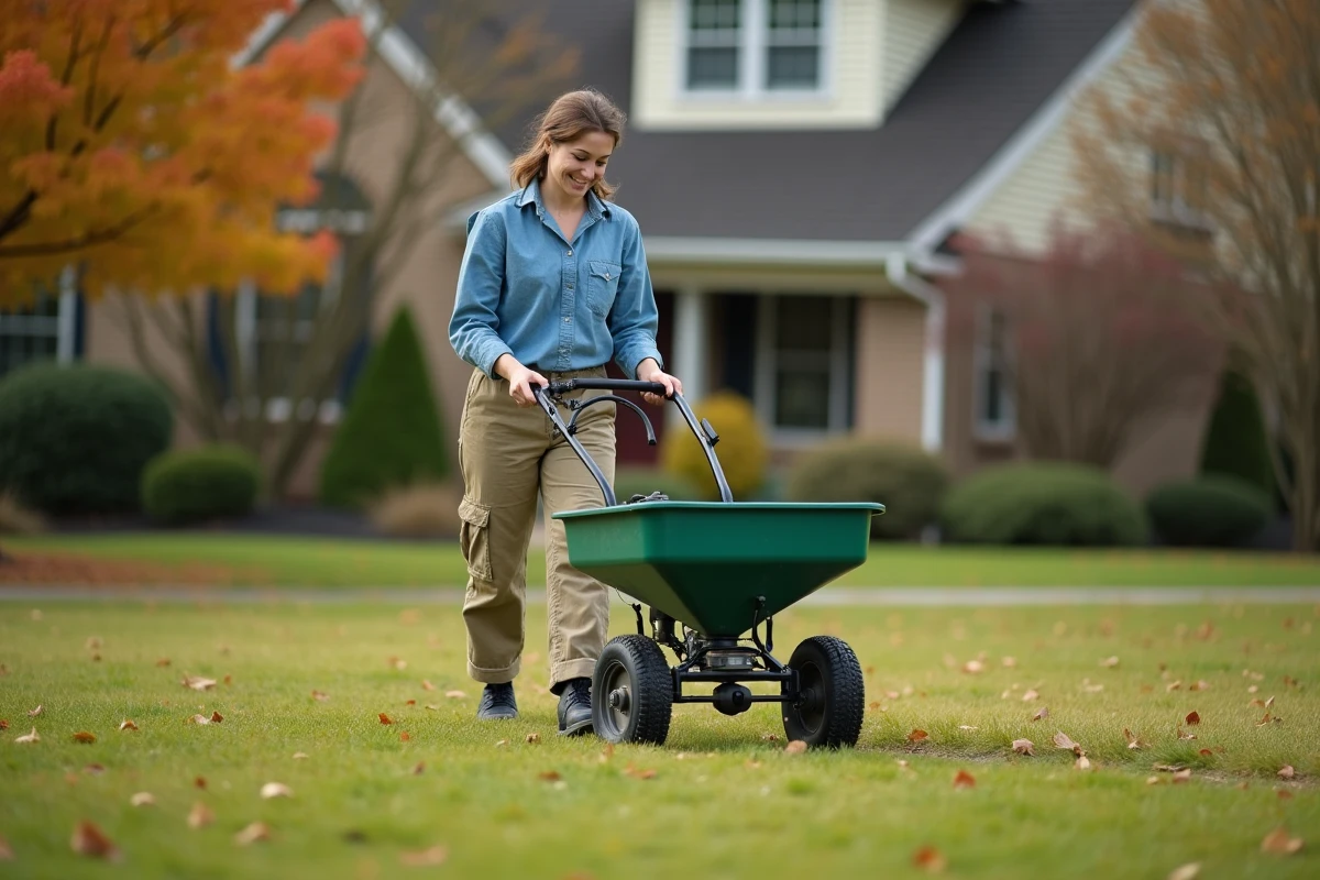 Femme épandant de l'engrais sur une pelouse résidentielle en automne avec un épandeur à roues