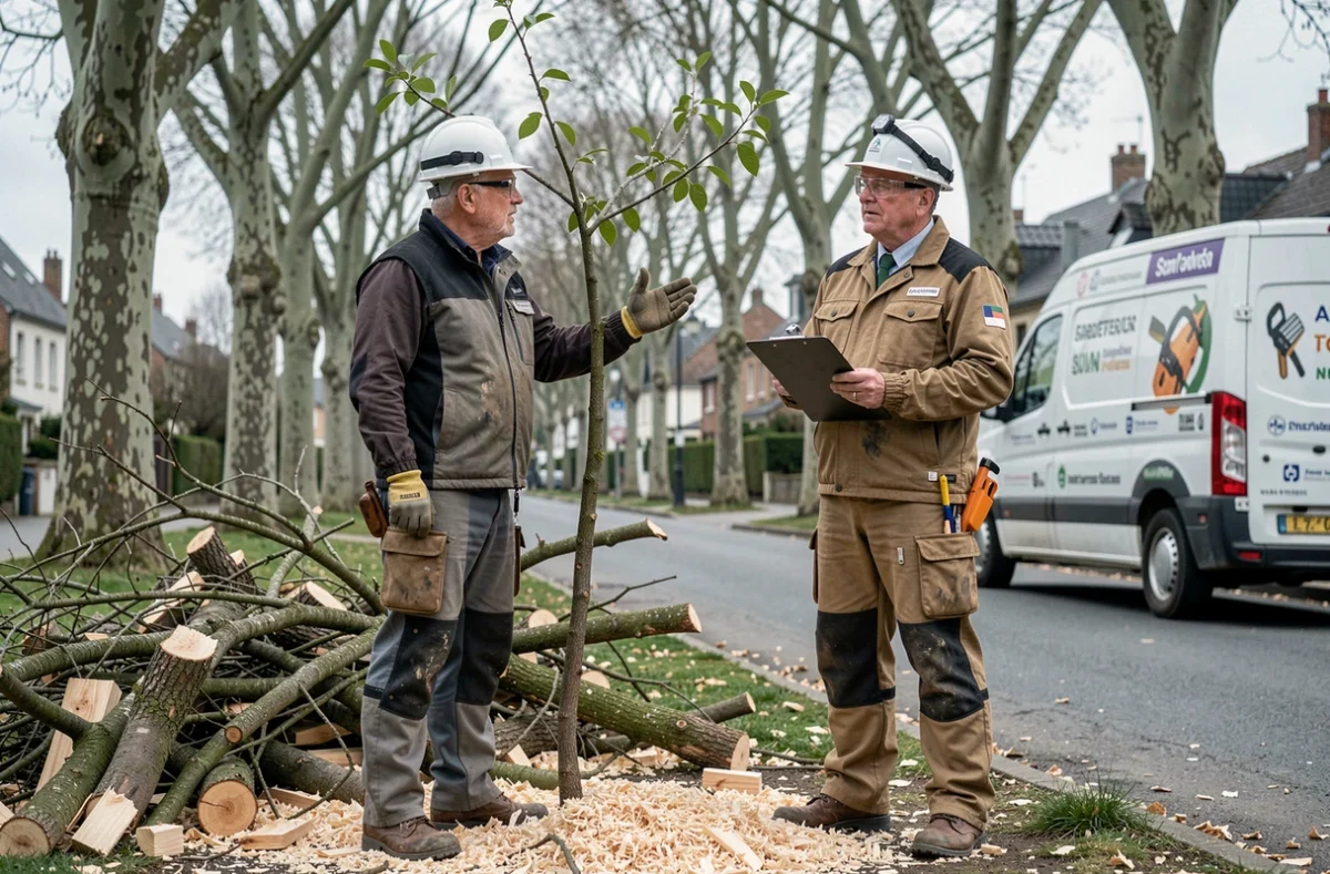 Deux élagueurs discutant d'un chantier d'élagage dans une rue arborée du Nord