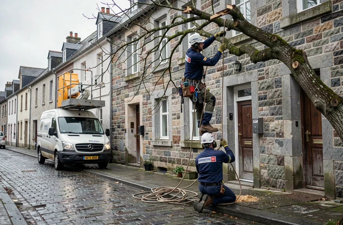 Deux élagueurs coordonnant l'abattage d'une branche morte au-dessus d'une maison en pierre bretonne à Quimper