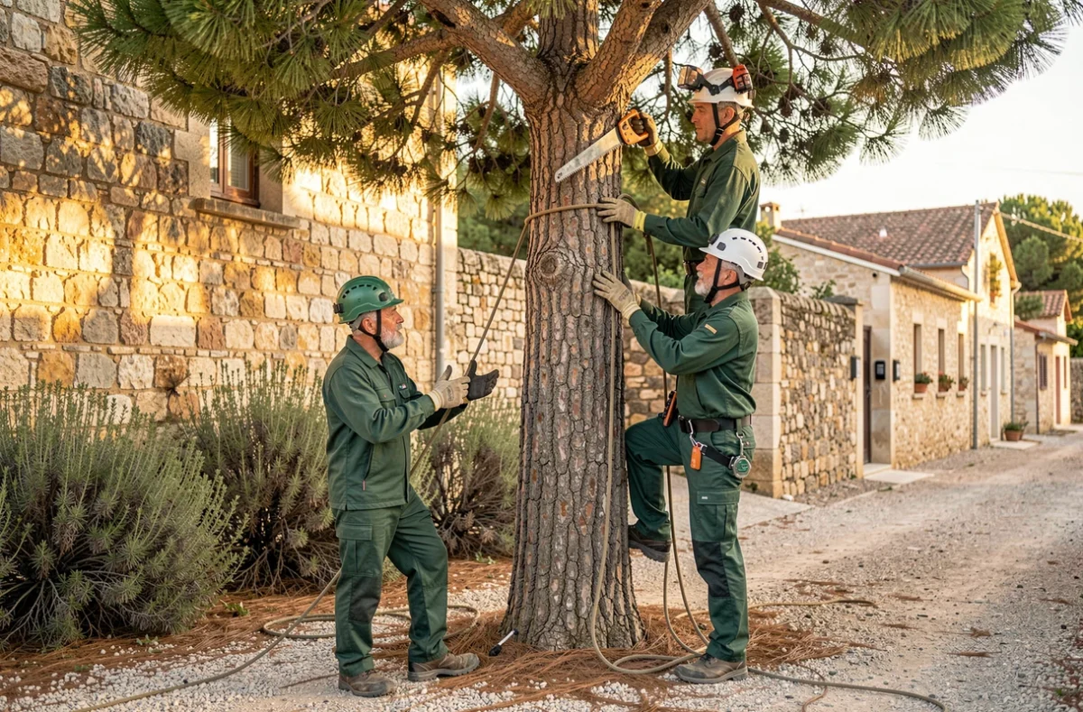 Deux élagueurs travaillant en équipe sur un pin parasol dans une rue de village du Var