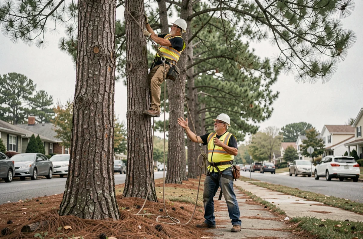 Deux élagueurs collaborant pour tailler des pins le long d'une rue résidentielle
