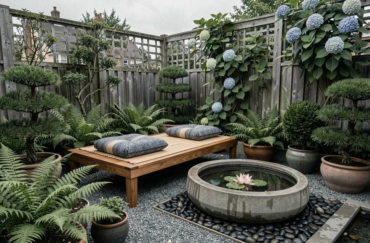 Vue large d'un espace de méditation extérieur complet avec banc en teck, coussins indigo, bassin lotus et plantes zen dans un jardin de banlieue